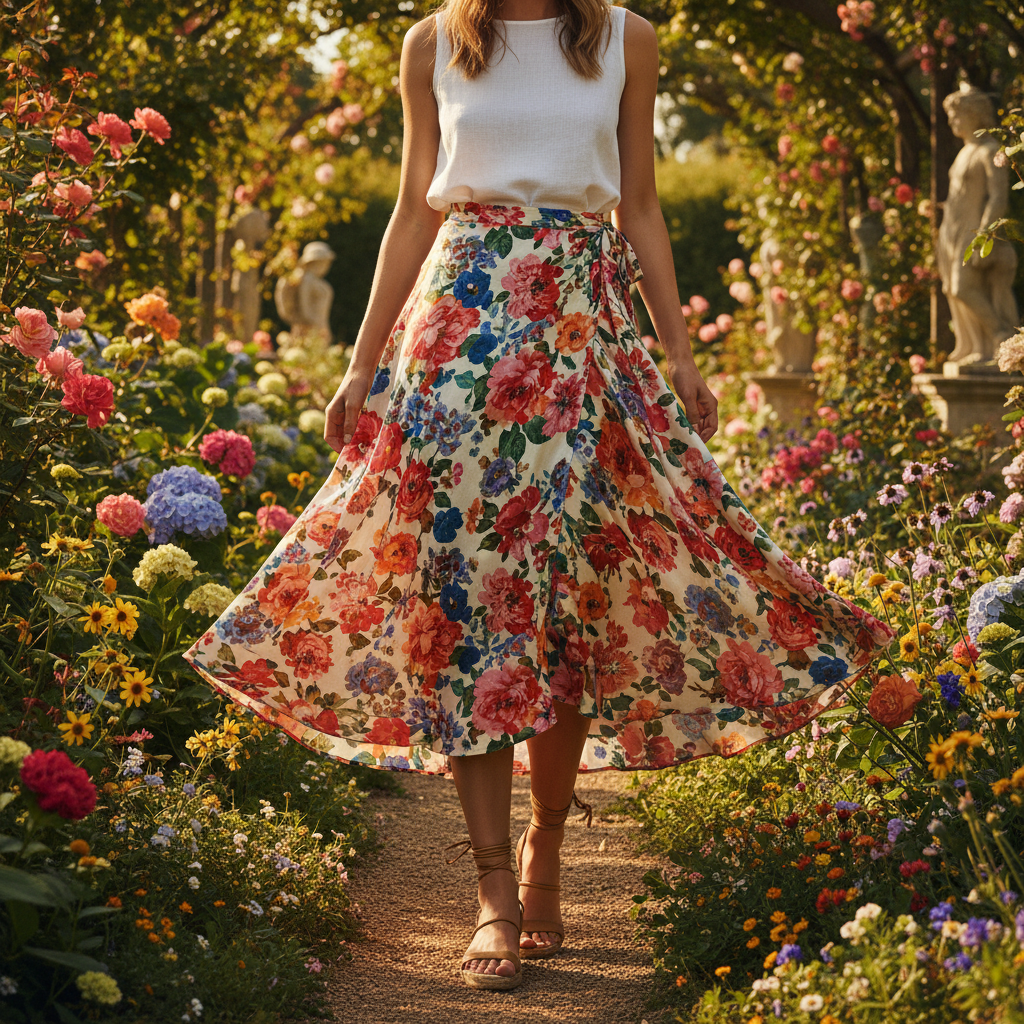 Woman in floral wrap skirt, bright garden setting, fashion editorial photography