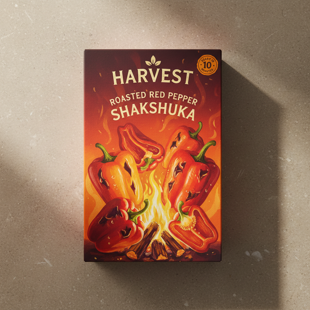 Harvest roasted red pepper shakshuka box with illustrated pepper artwork in warm sunset tones