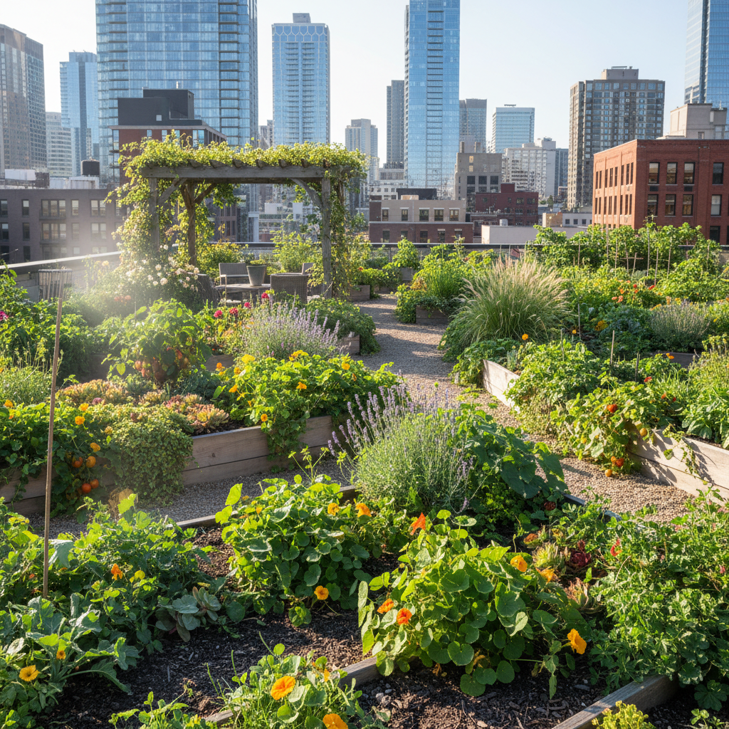 Alpine raised bed planter on rooftop in warm sunlight