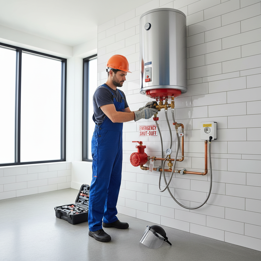 Kellys Plumbing Inc technician inspecting a water heater installation in a bright utility room