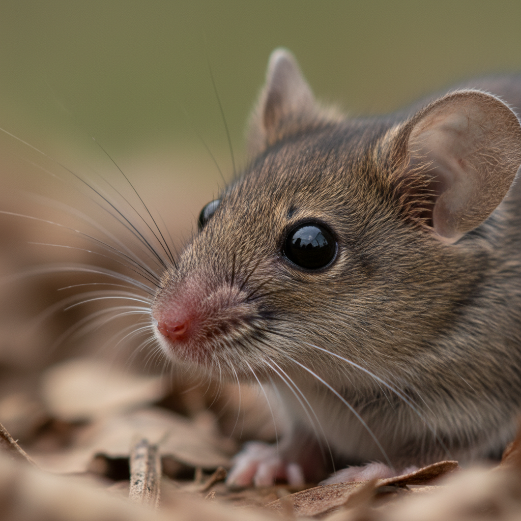 Close-up photo of a house mouse showing whiskers and dark eyes