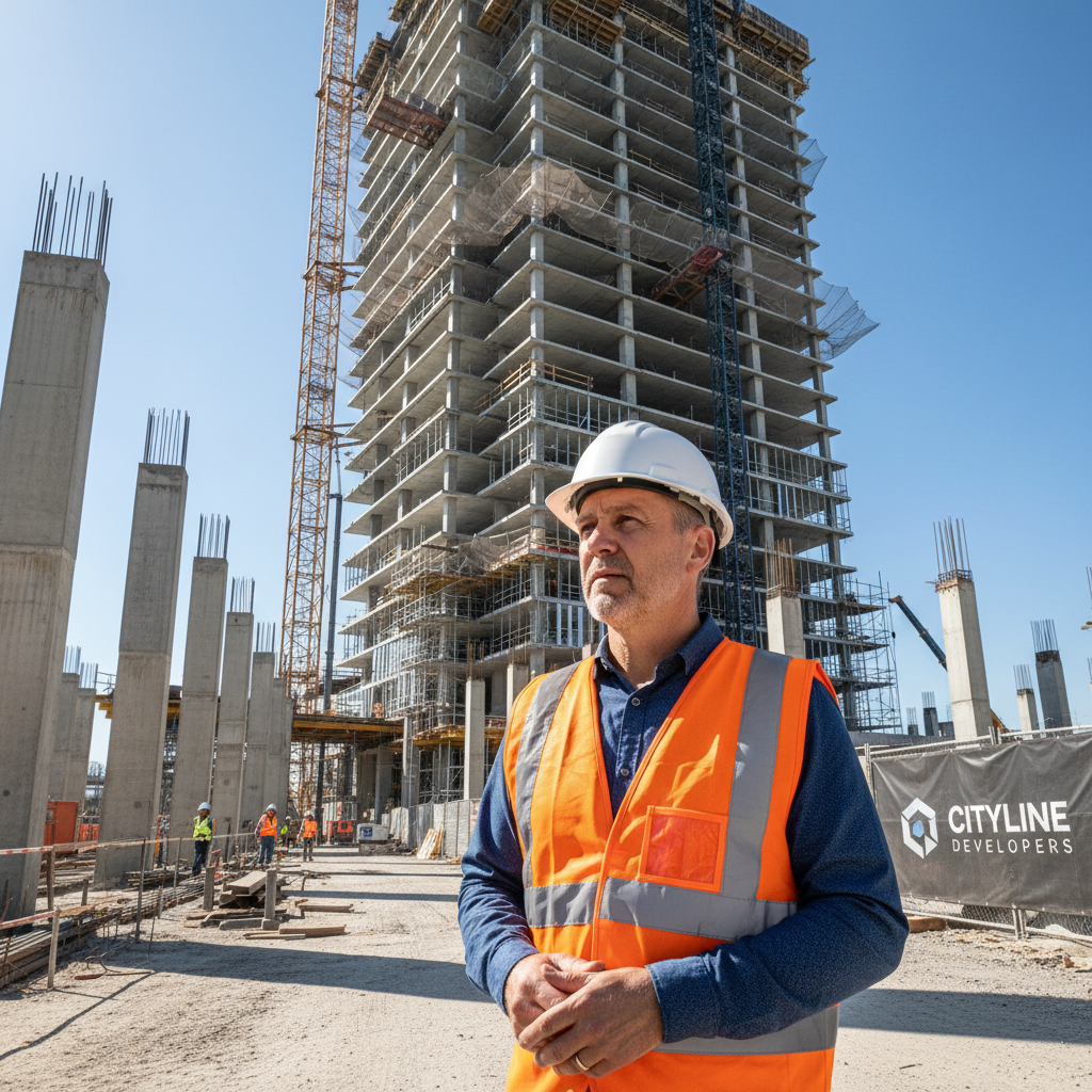 Professional Indian male construction director wearing hard hat at project site
