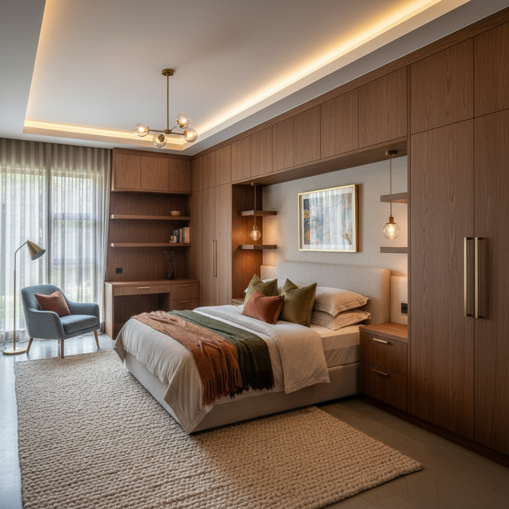 Completed Parkhurst project — master bedroom with bespoke joinery and quality soft furnishings