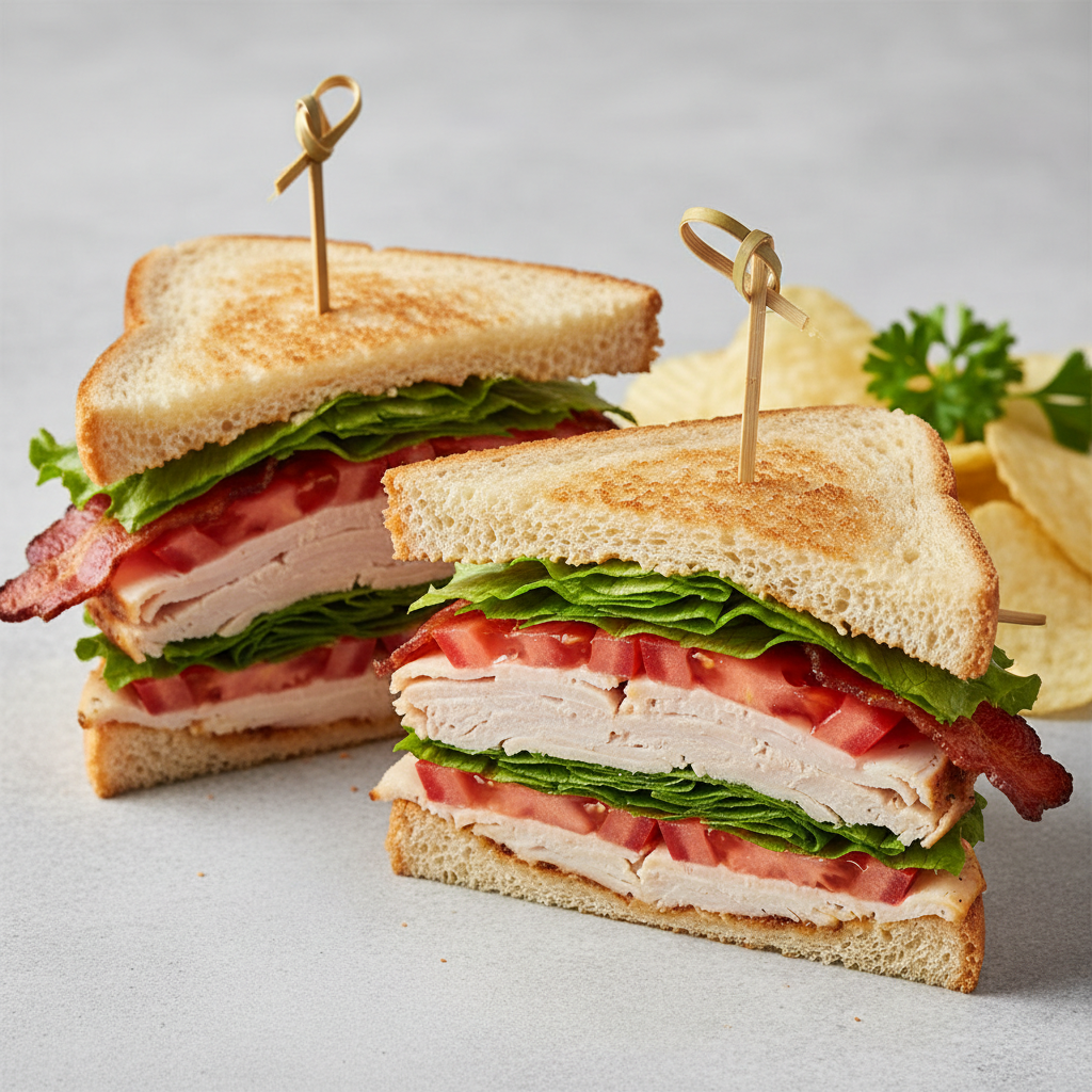 Jumbo Club Sandwich — Triple-decker club sandwich, warm food photography with rich colours