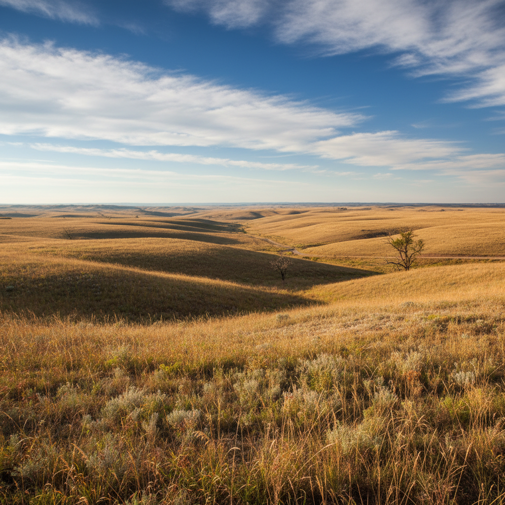 Rolling hills and open sky of eastern Montana near Glendive, sunlit prairie landscape