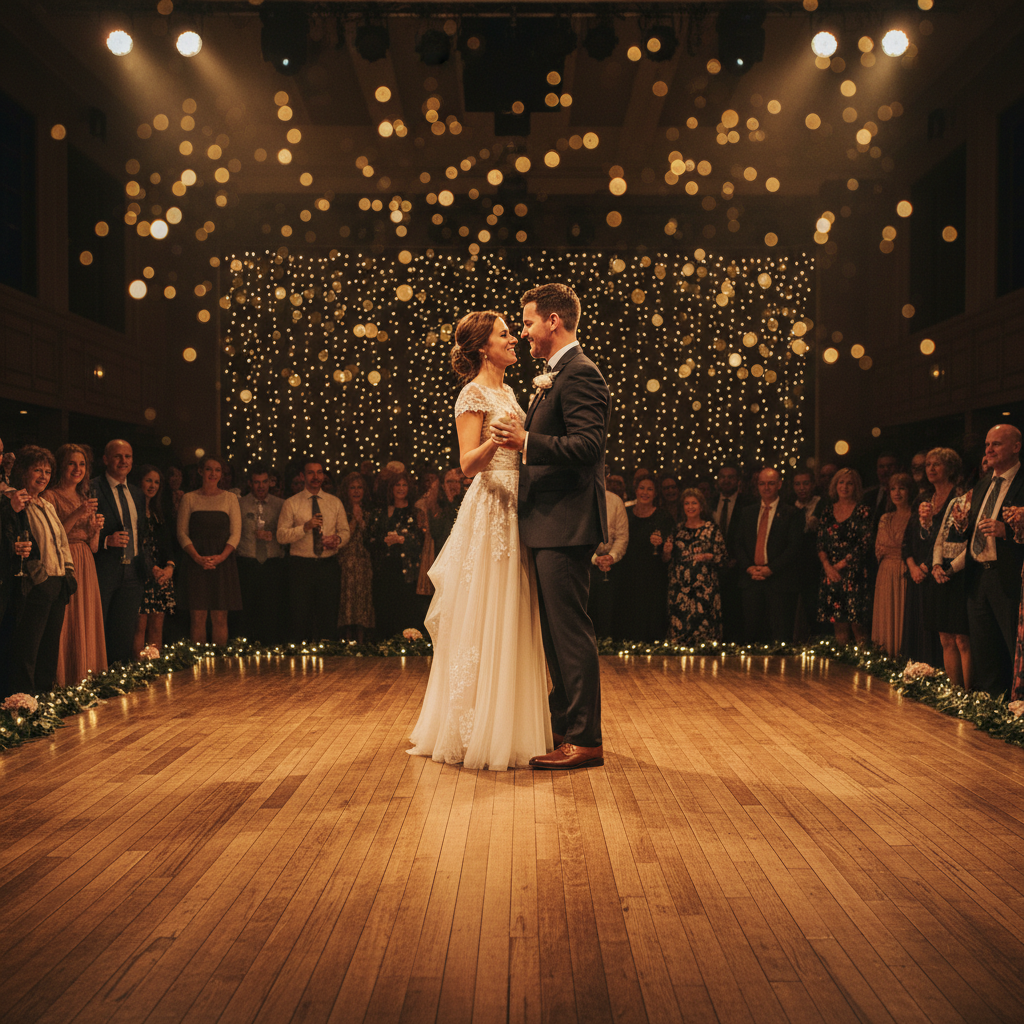 Couple sharing first dance as live band performs on wooden stage with warm lighting and guests watching