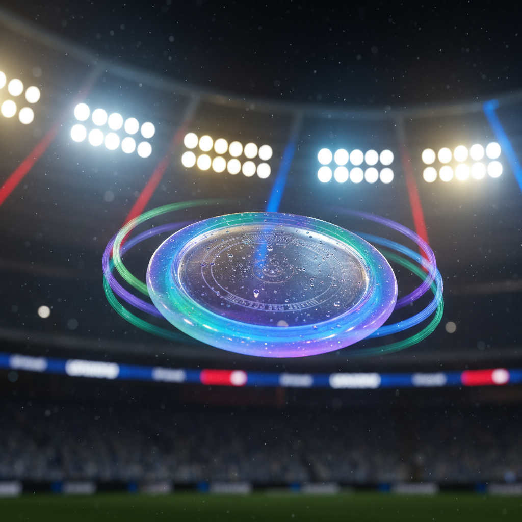 Close up slow motion of a disc flying through stadium lights at night