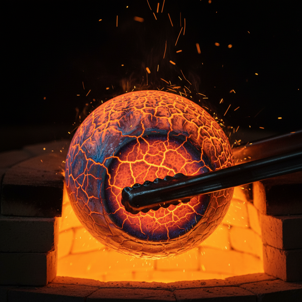 Glowing orange raku pot being lifted from kiln with metal tongs at night