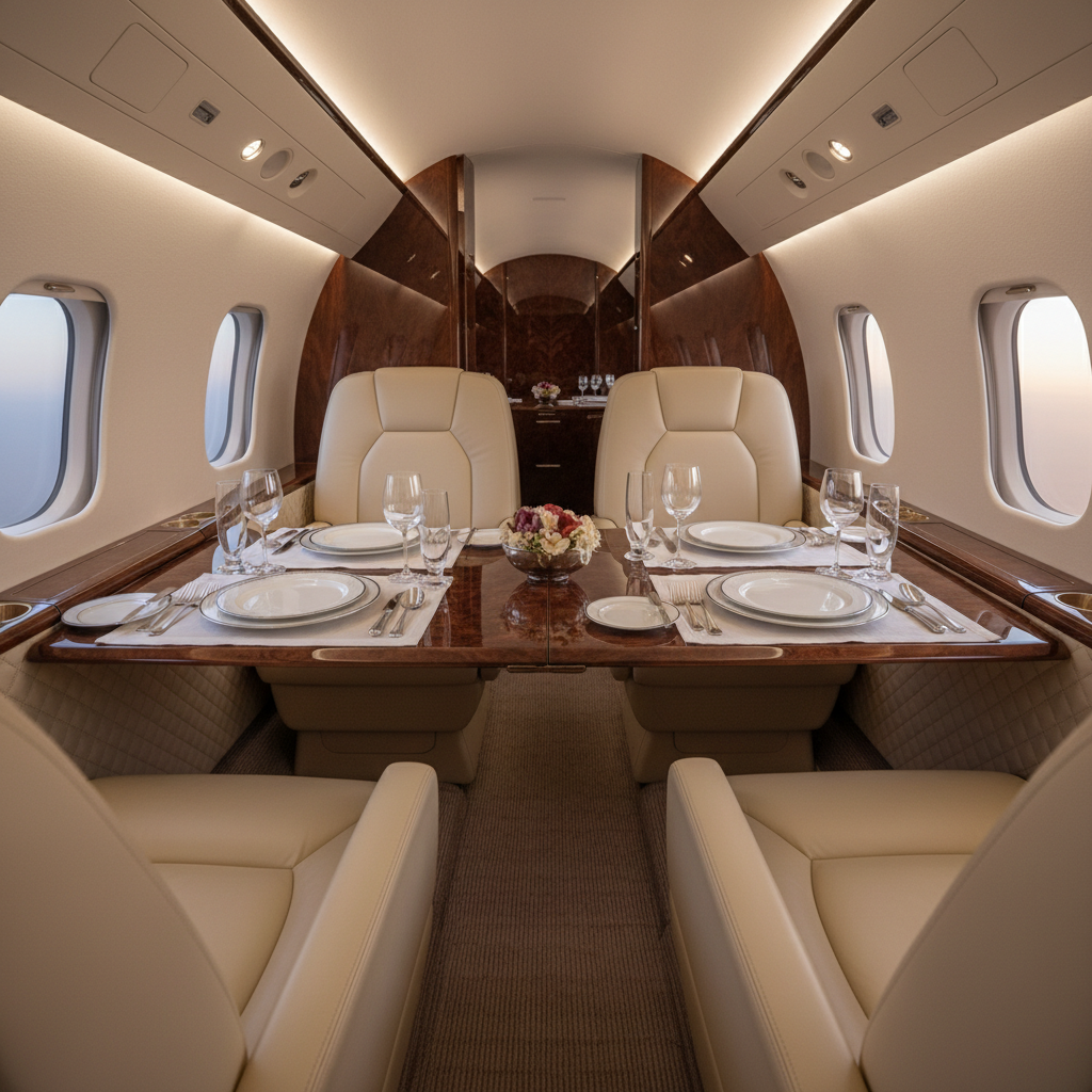 Business class aircraft cabin interior at night, wide leather seats, dim mood lighting, dark overhead panels, premium aviation atmosphere