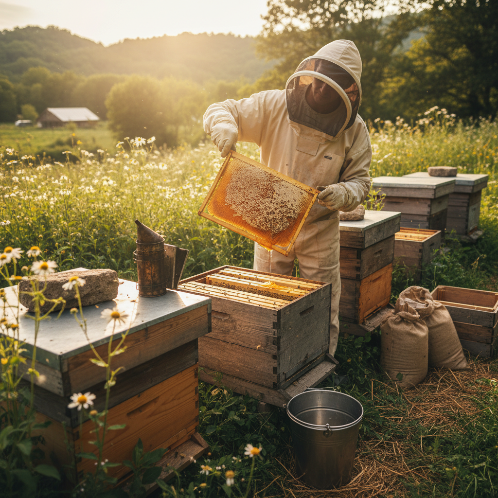 Organic honey harvesting process showing natural beekeeping methods in sustainable plantation