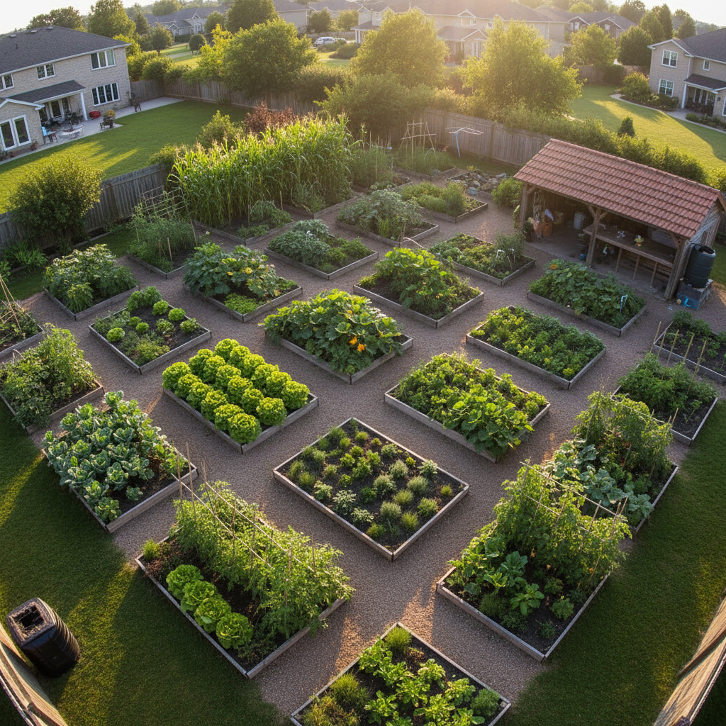Aerial view of a productive suburban kitchen garden with organized raised beds and seasonal plantings in warm afternoon light
