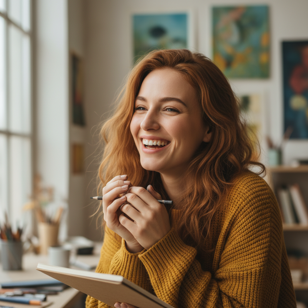Mujer joven con gafas y cabello recogido, sonriendo en estudio de diseño iluminado
