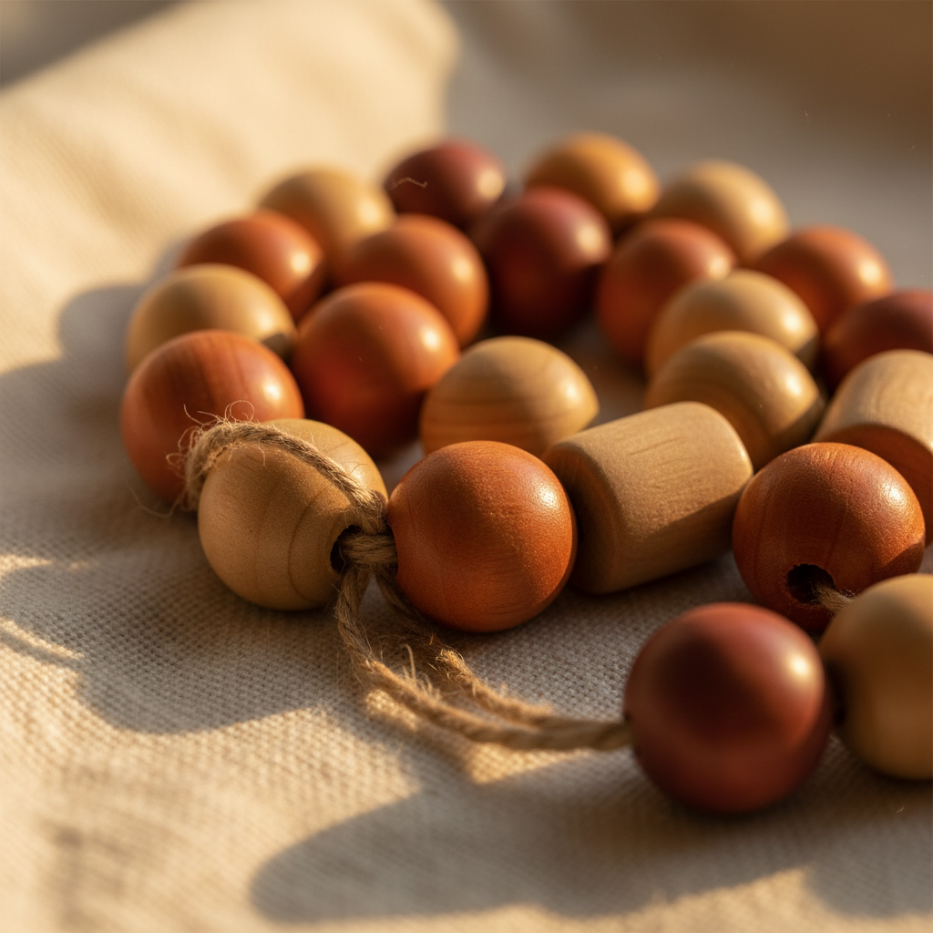 Single brown seed bead on warm cream linen cloth, soft natural lighting, earthy tones