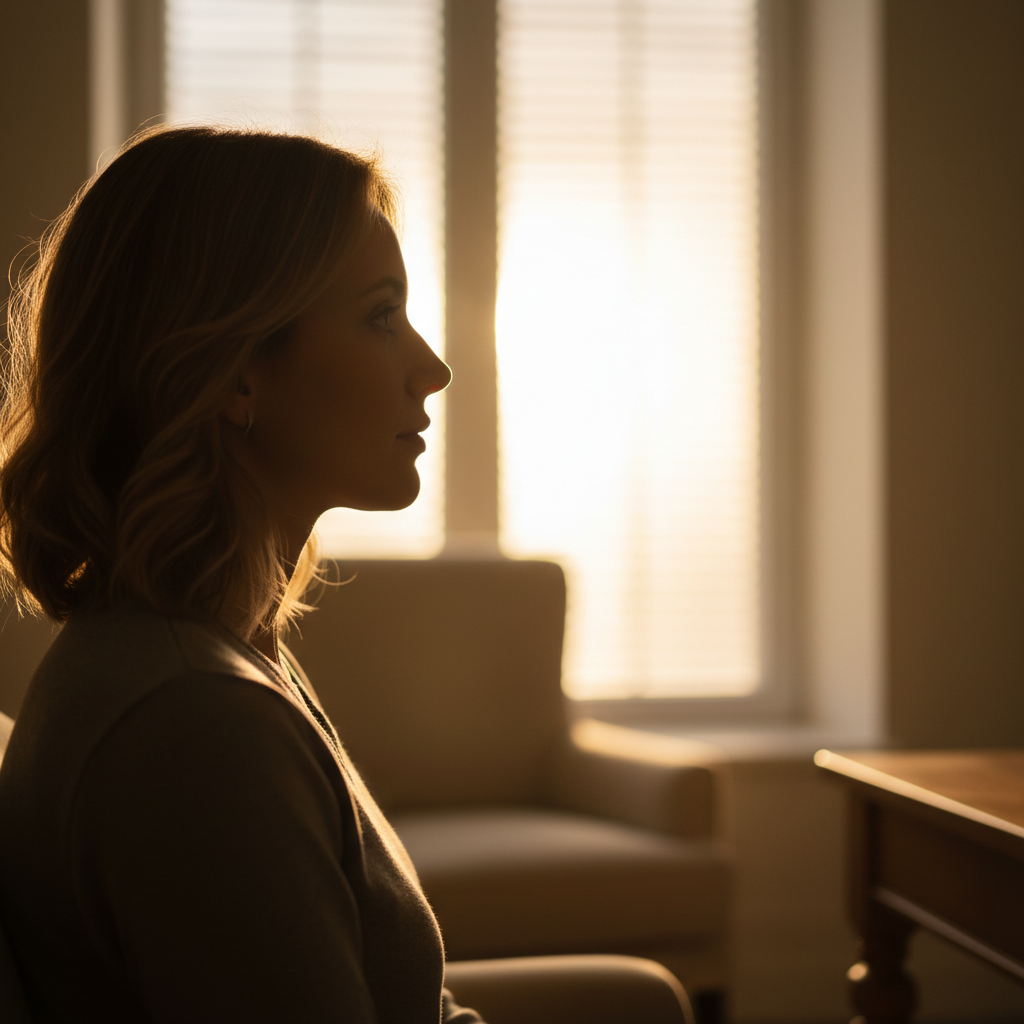 Profile silhouette of a woman against warm diffused window light in a consultation room