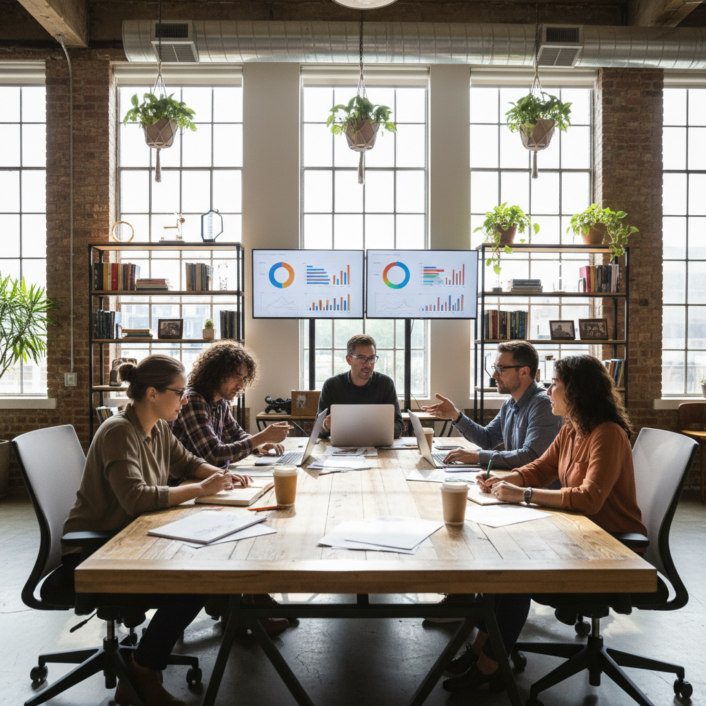 White Whale marketing team in a modern office, dark atmospheric lighting with blue highlights, professional team collaboration