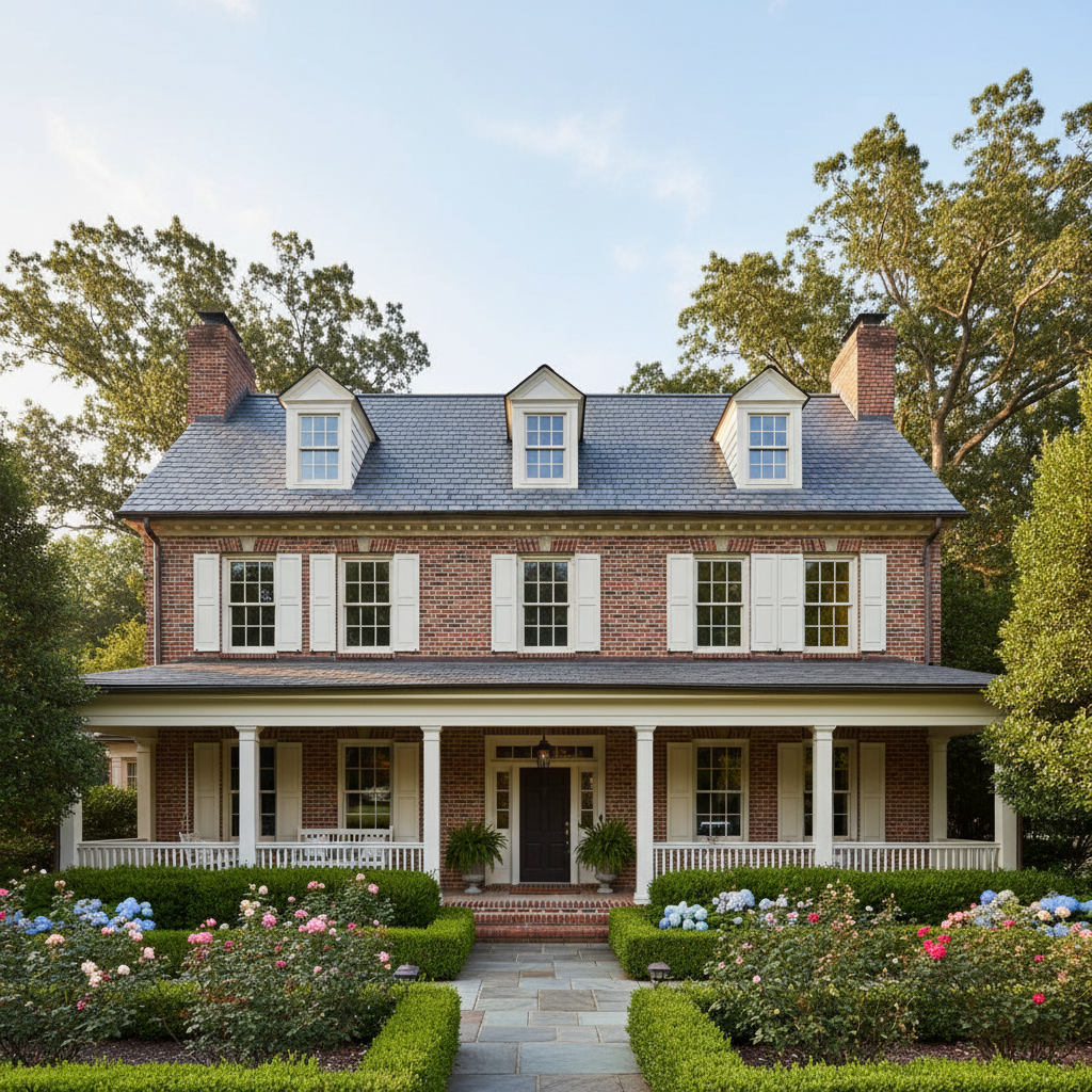 Traditional detached family home with white exterior and black shutters