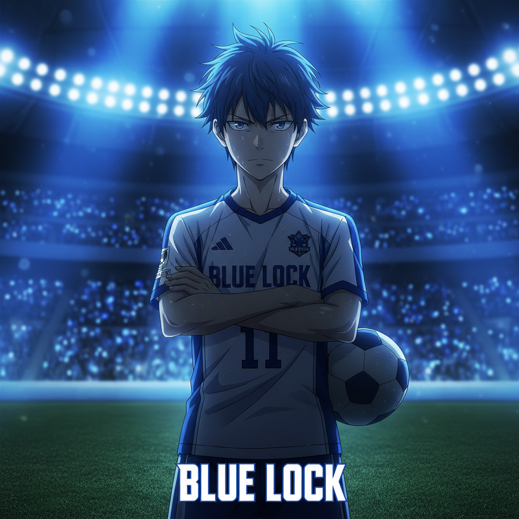 Blue Lock soccer player in intense match under stadium lights