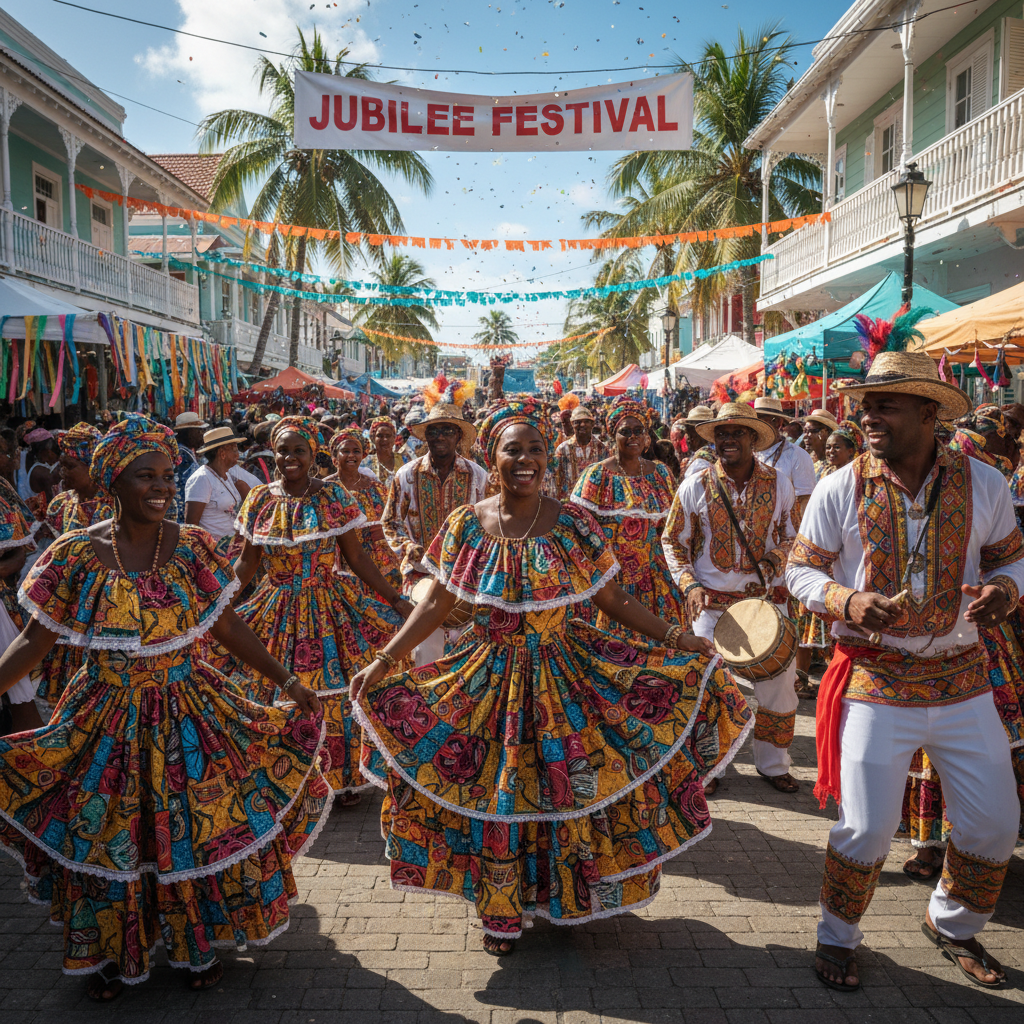 Traditional Caribbean cultural festival with dancers in colorful costumes performing