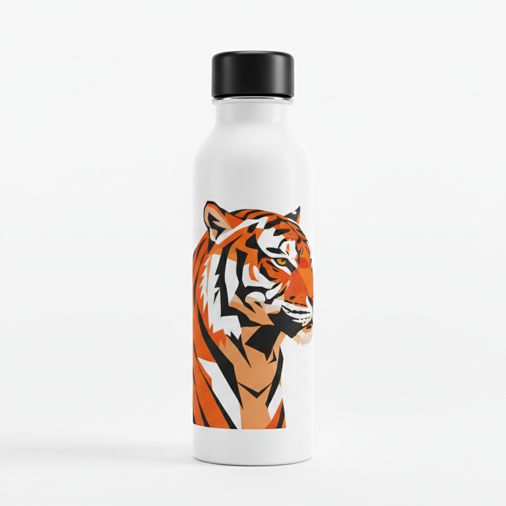 Custom printed water bottle with bold geometric tiger design in orange and black