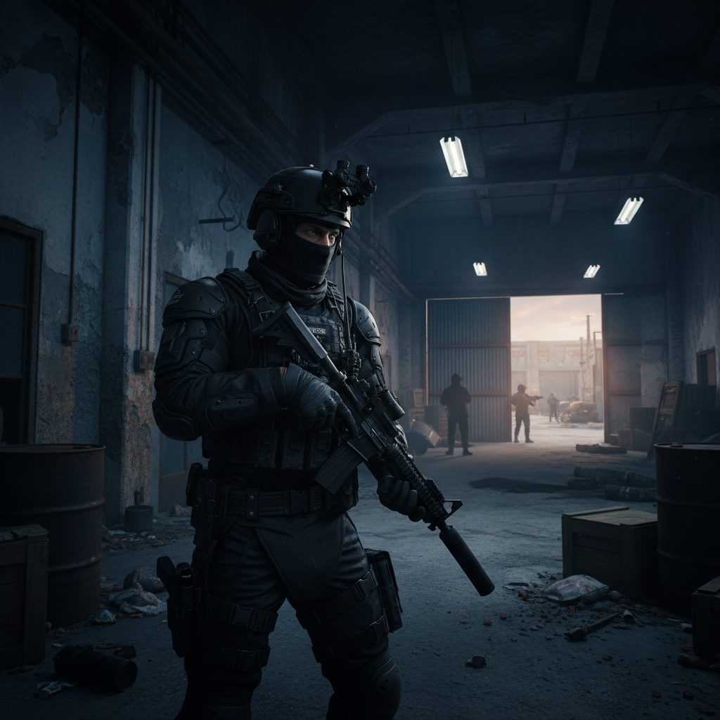 Tactical operator checking gear in dark warehouse environment, single overhead light, deep shadows