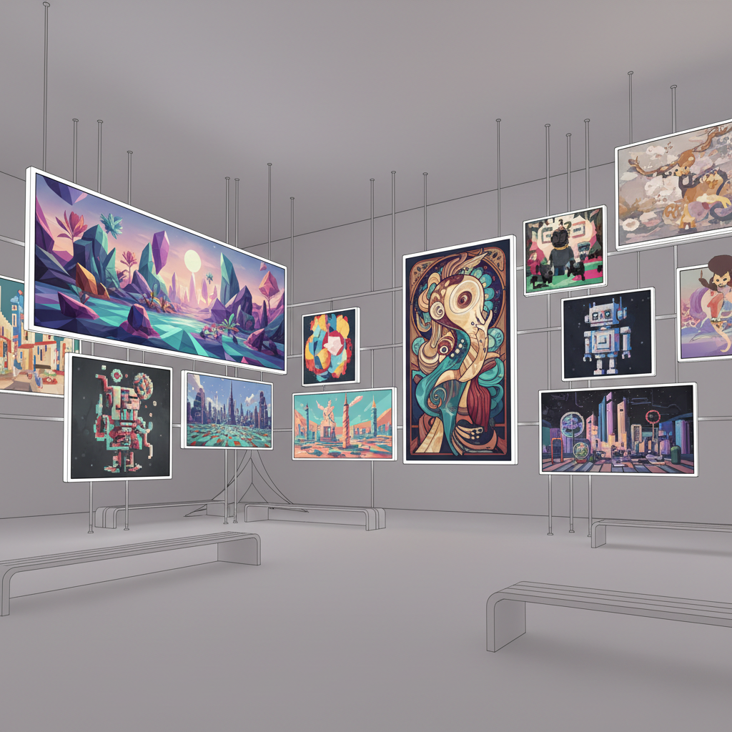 Vibrant AI-generated artwork on bright gallery wall in modern white exhibition space