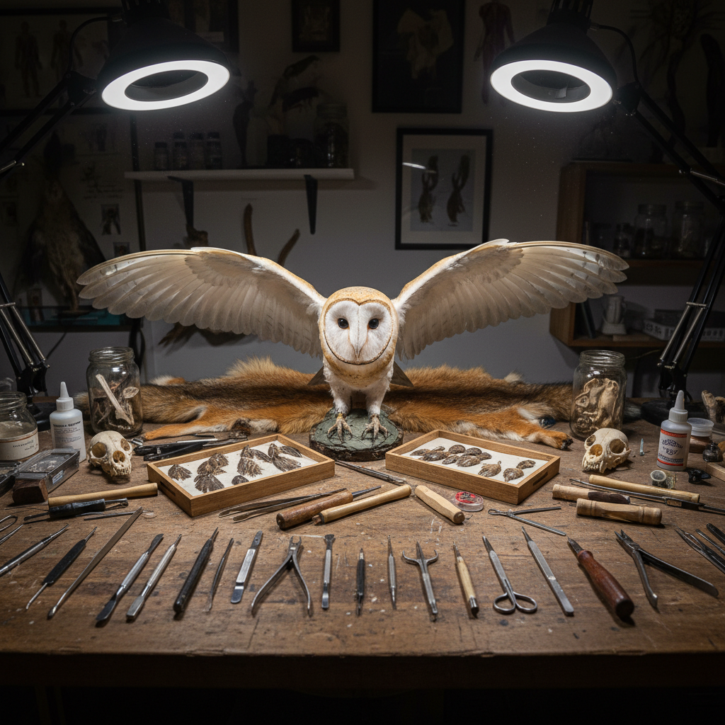 Taxidermy studio workbench with tools, reference specimens, and a mount in progress under focused task lighting