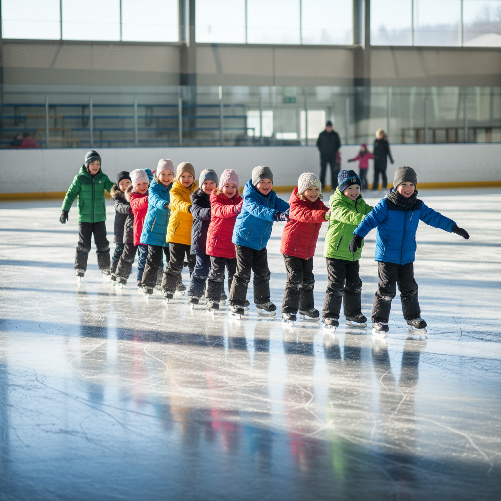 Group of young children forming a conga line on the ice rink