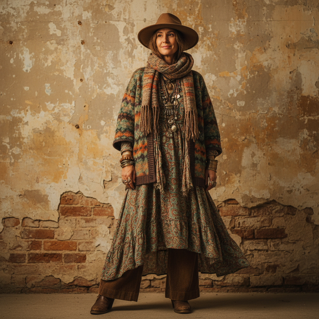 Woman wearing layered thrift-store clothing in warm editorial lighting against a textured wall