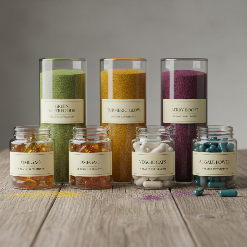 Colorful vitamin supplement bottles and capsule jars on a light wooden surface