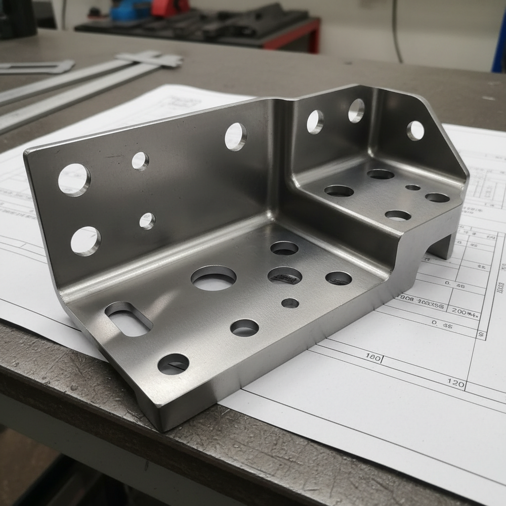 Automotive seat rail bracket stamped part showing clean shear edge and precision hole pattern on gunmetal steel surface