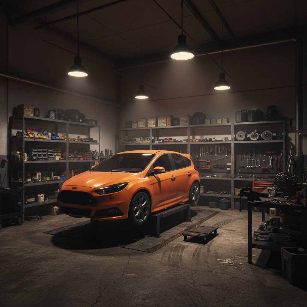 Automotive workshop with spare parts, dark industrial shelving, mechanical components, moody workshop lighting