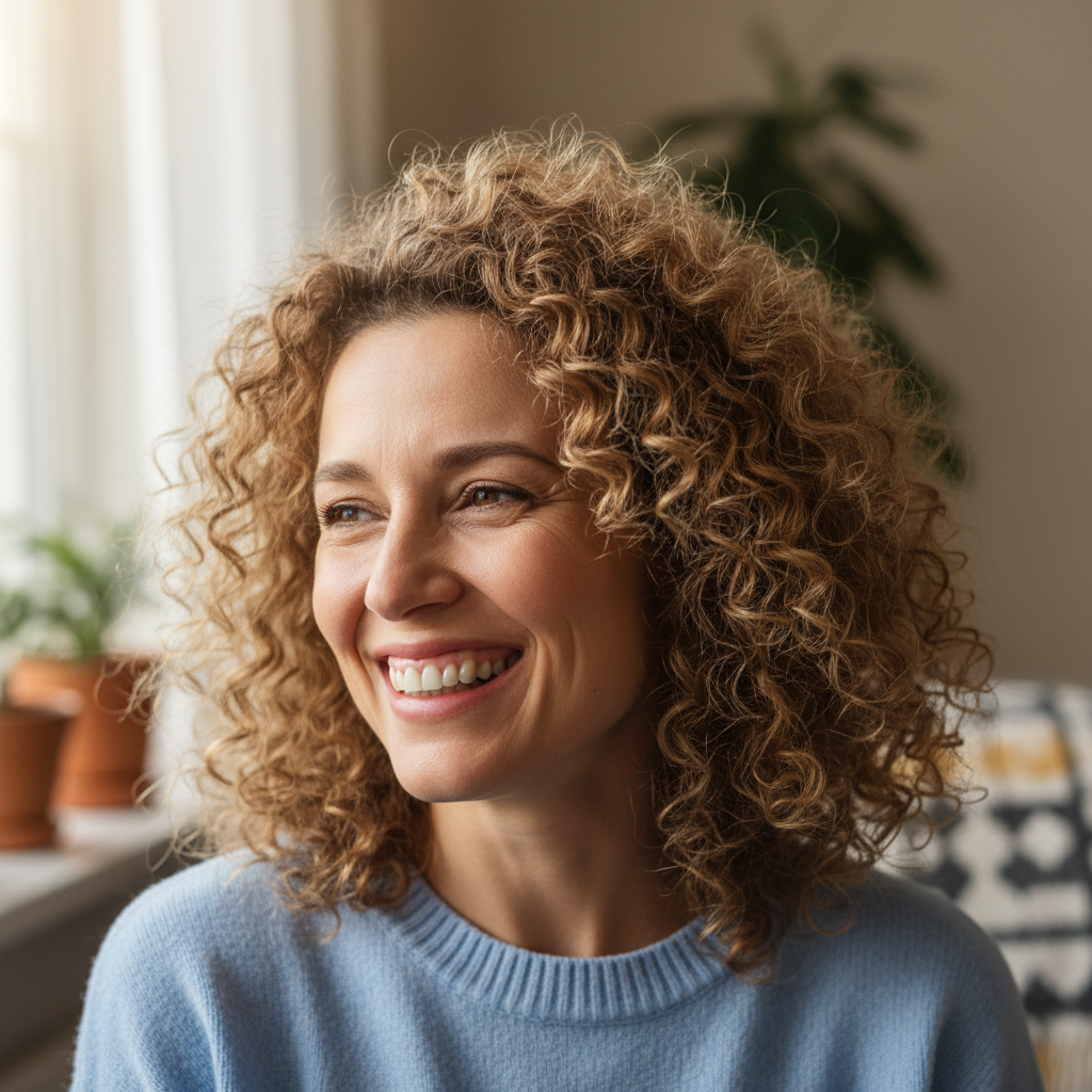 Smiling mom with curly hair