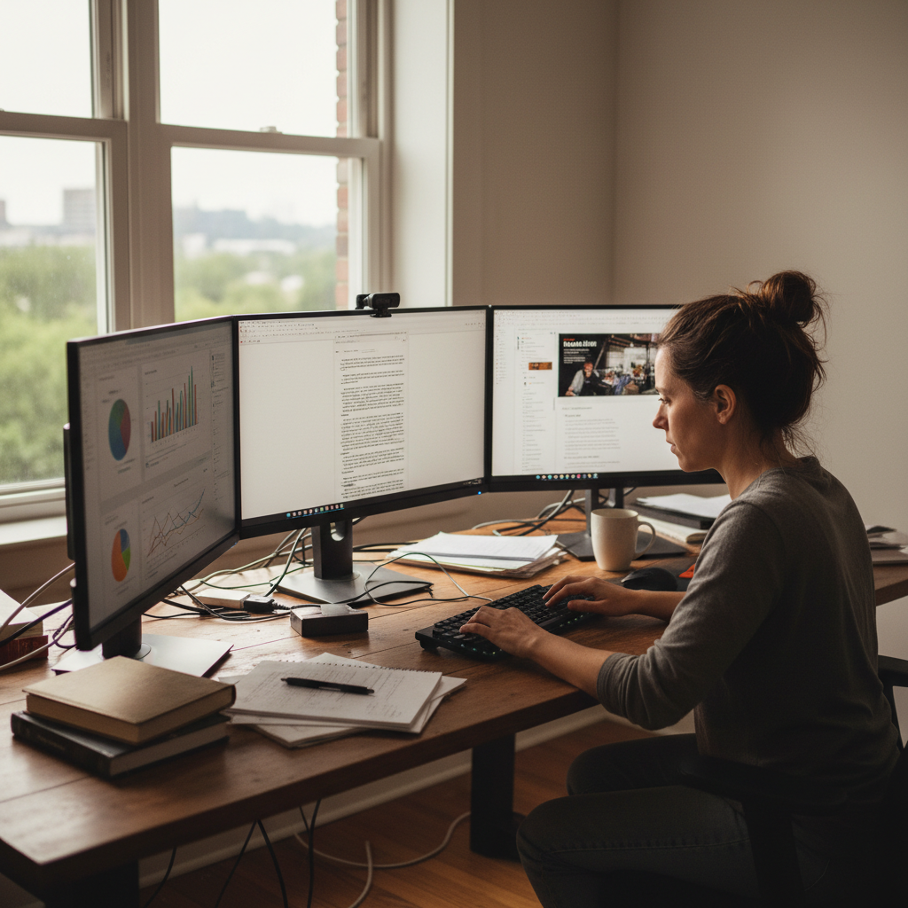 Content creator at desk with multiple monitors showing analytics dashboard
