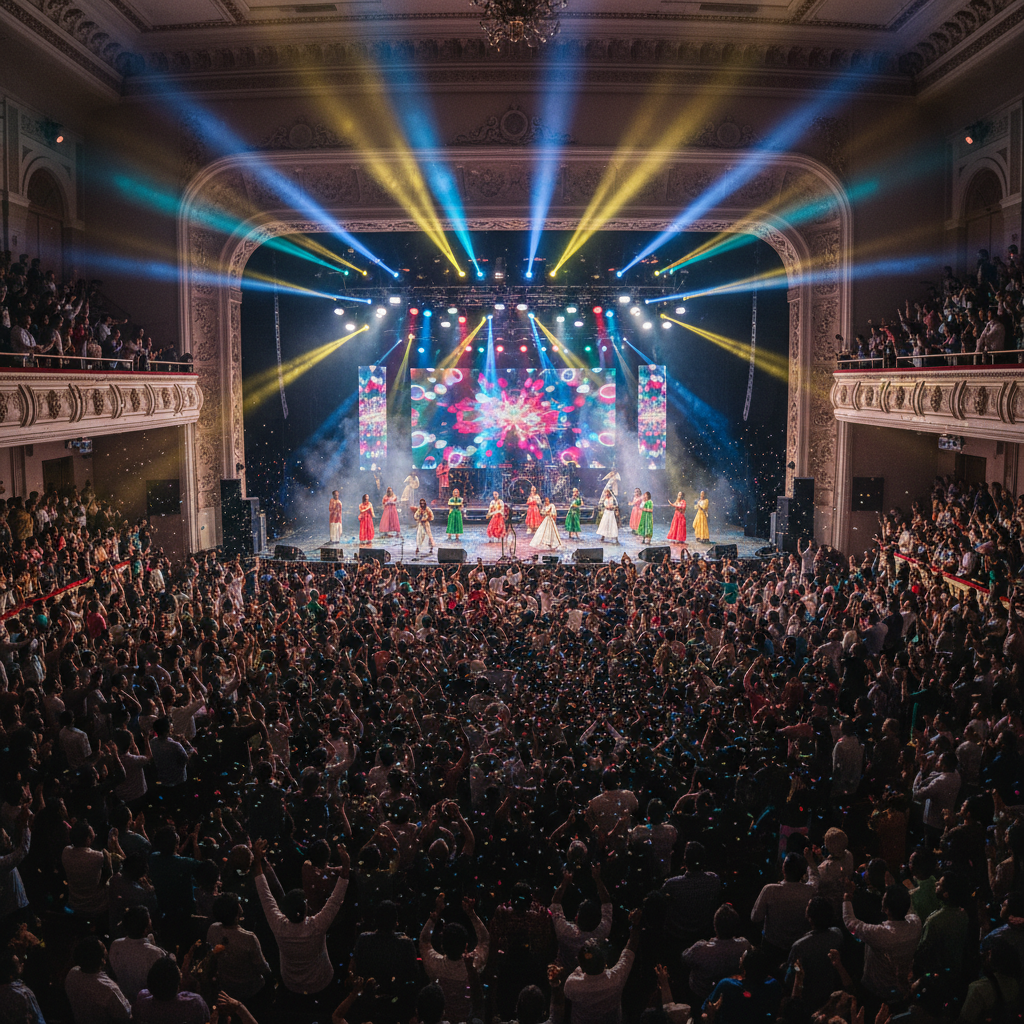 Concert atmosphere with colorful stage lighting, music performance environment