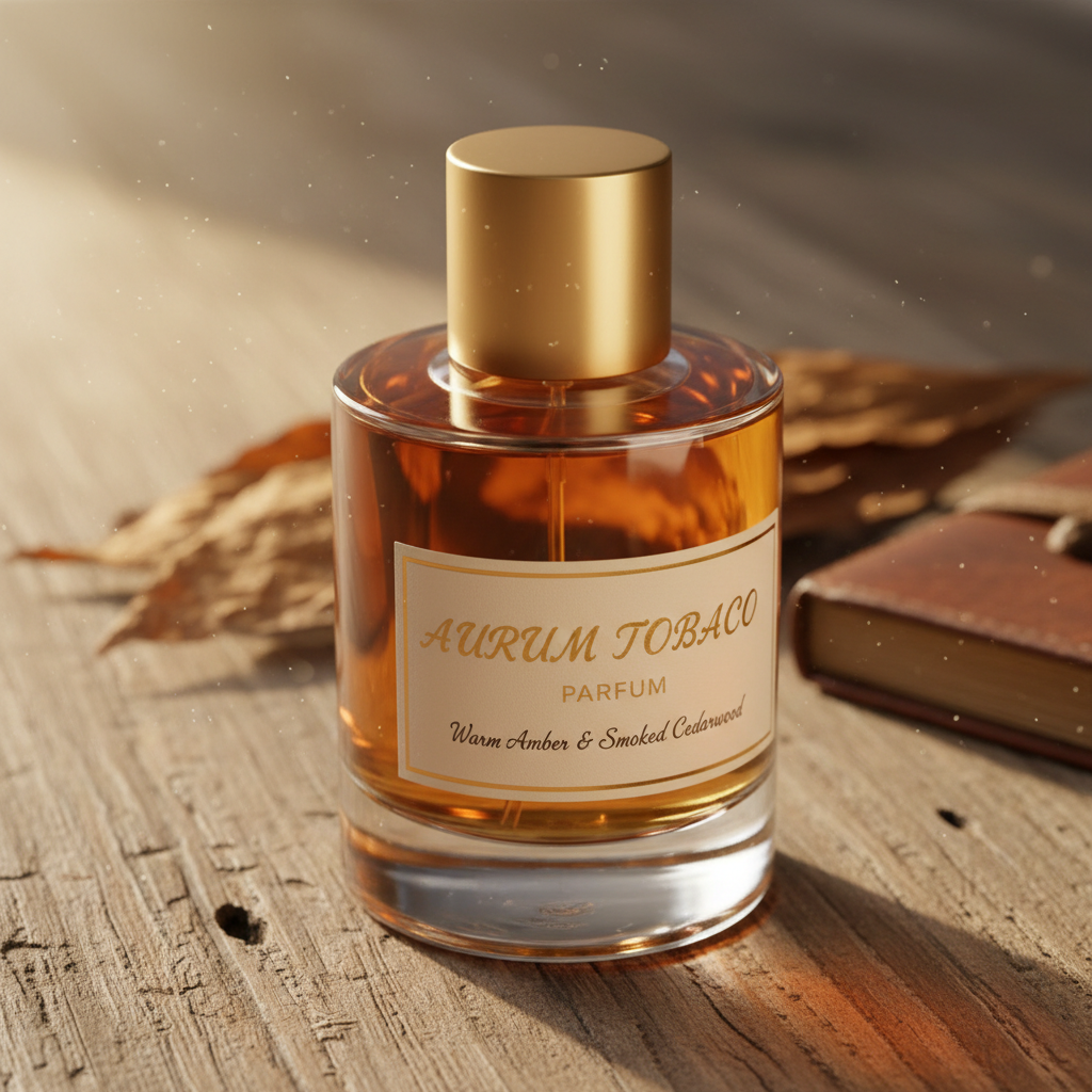 Golden amber perfume bottle with warm backlight, smoky atmospheric dark studio background