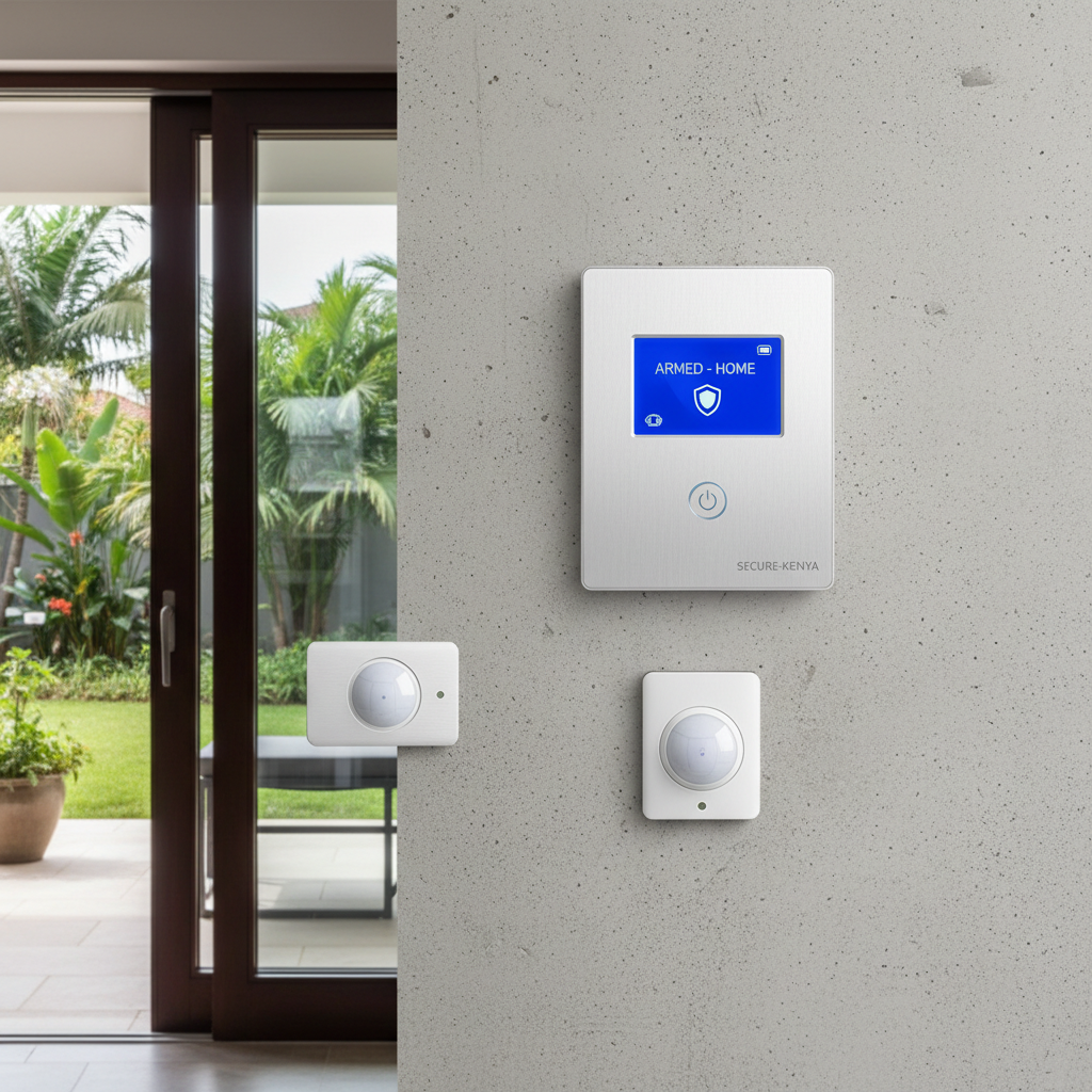 Intruder alarm system installed in upmarket Karen Nairobi residential home, alarm panel and sensors visible