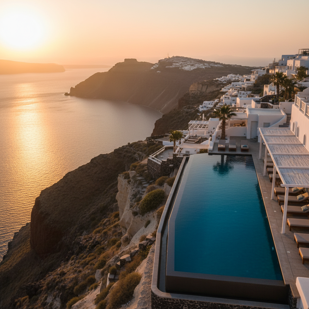 Elevated luxury hillside villa development with panoramic Aegean sea views, modern white architecture, large glazing and infinity pool at golden hour, Fethiye region