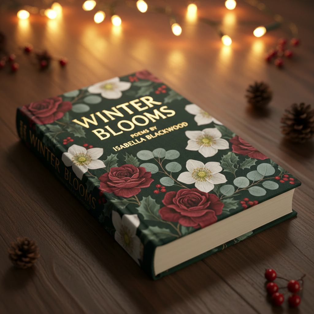 Hardcover poetry book with floral cover under holiday lights
