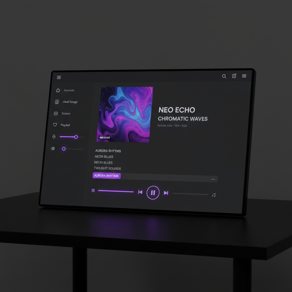 Dark interface screens showing music streaming platform design with purple accents