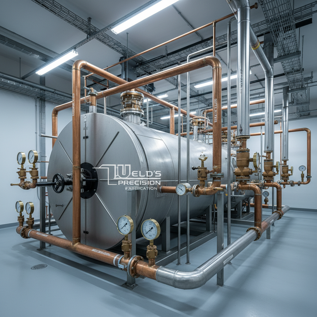 Clean industrial boiler room with labeled pipes and pressure gauges, representing Weld's reliable fabrication quality