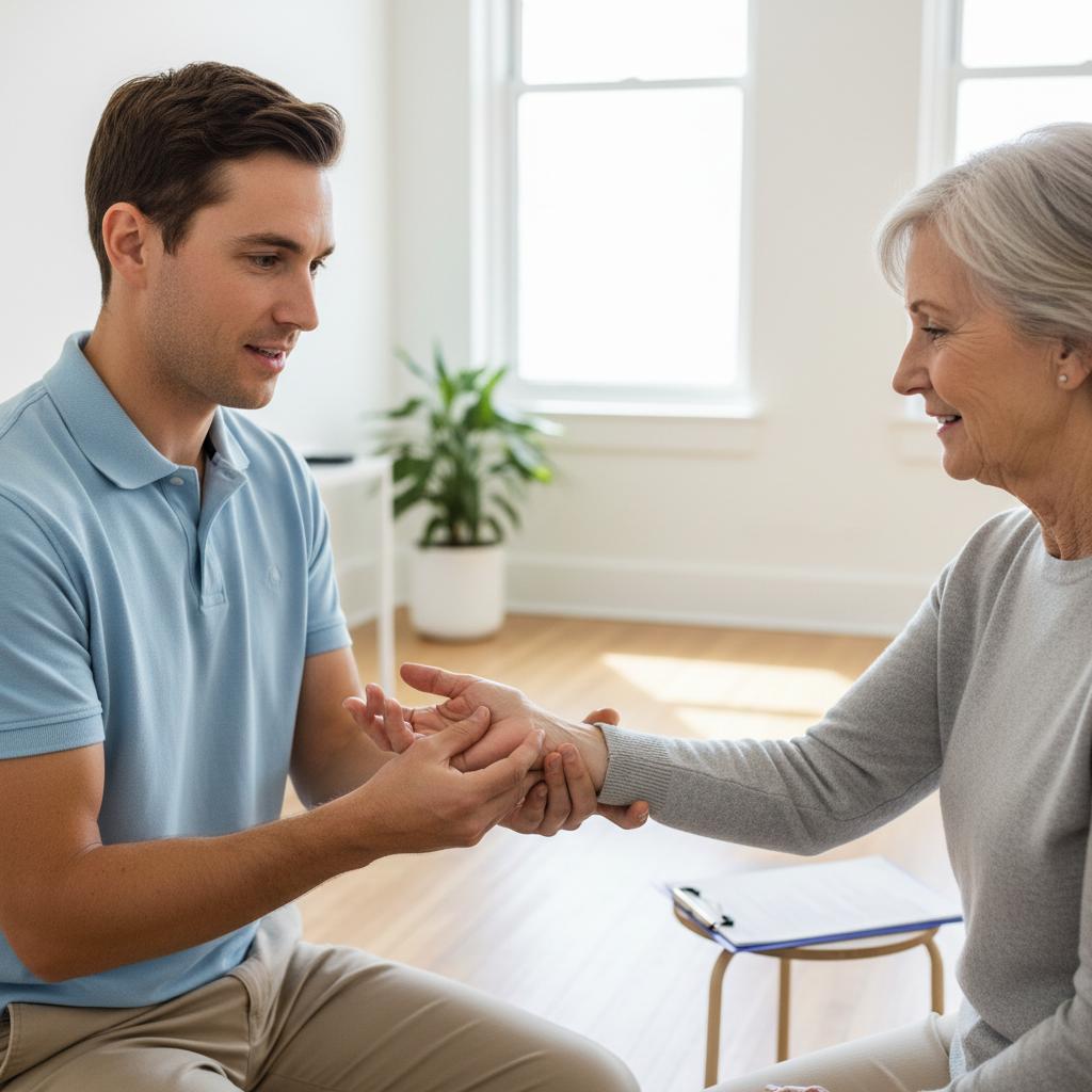 Physiotherapist gently guiding an older woman's wrist through a rotation exercise in a consultation room with natural light