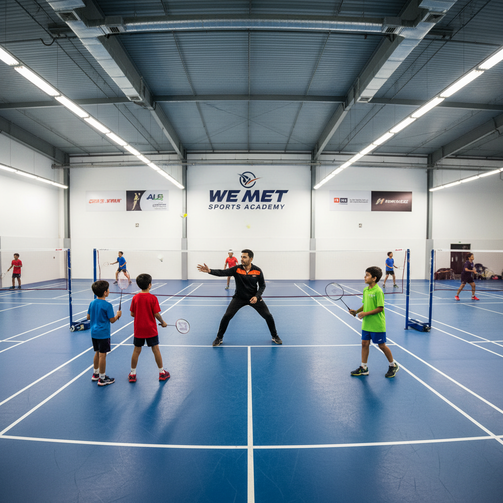 Badminton training session at We Met Sports Academy Dubai, coach demonstrating technique to students on a well-lit court