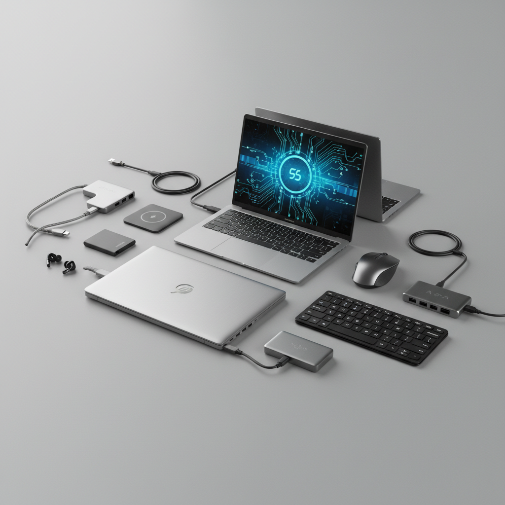 Modern tech accessories including wireless charger and USB hub on dark minimal desk