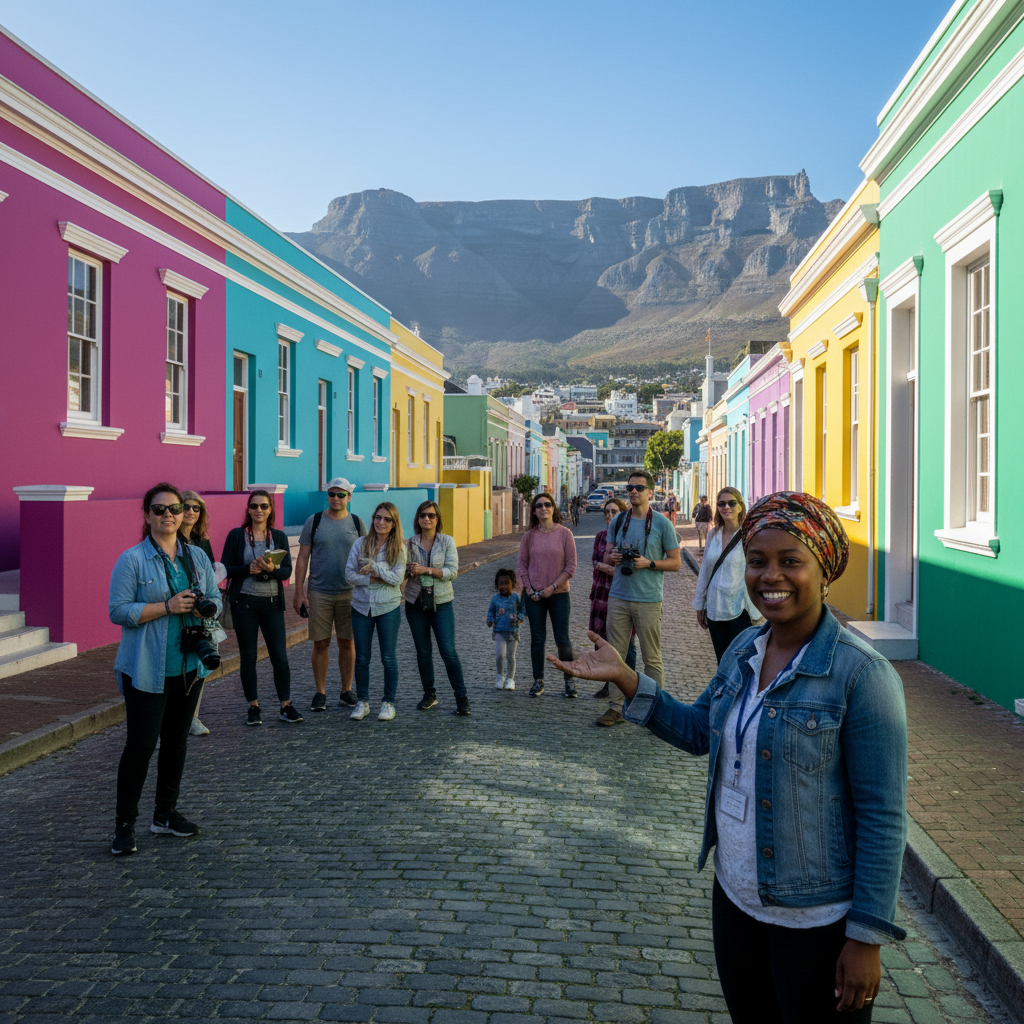 Local Cape Town guide walking visitors through colorful Bo-Kaap streets on a sunny morning