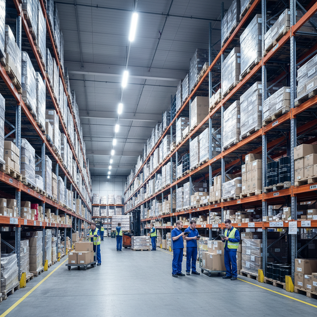 Large warehouse interior with high shelving racks, dim industrial lighting, deep shadows, dark steel walls, low-key logistics environment