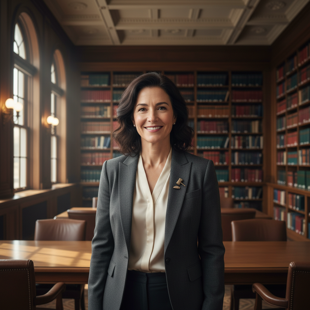 Diane Okonkwo, solo family law practitioner, standing in a law library with a warm smile