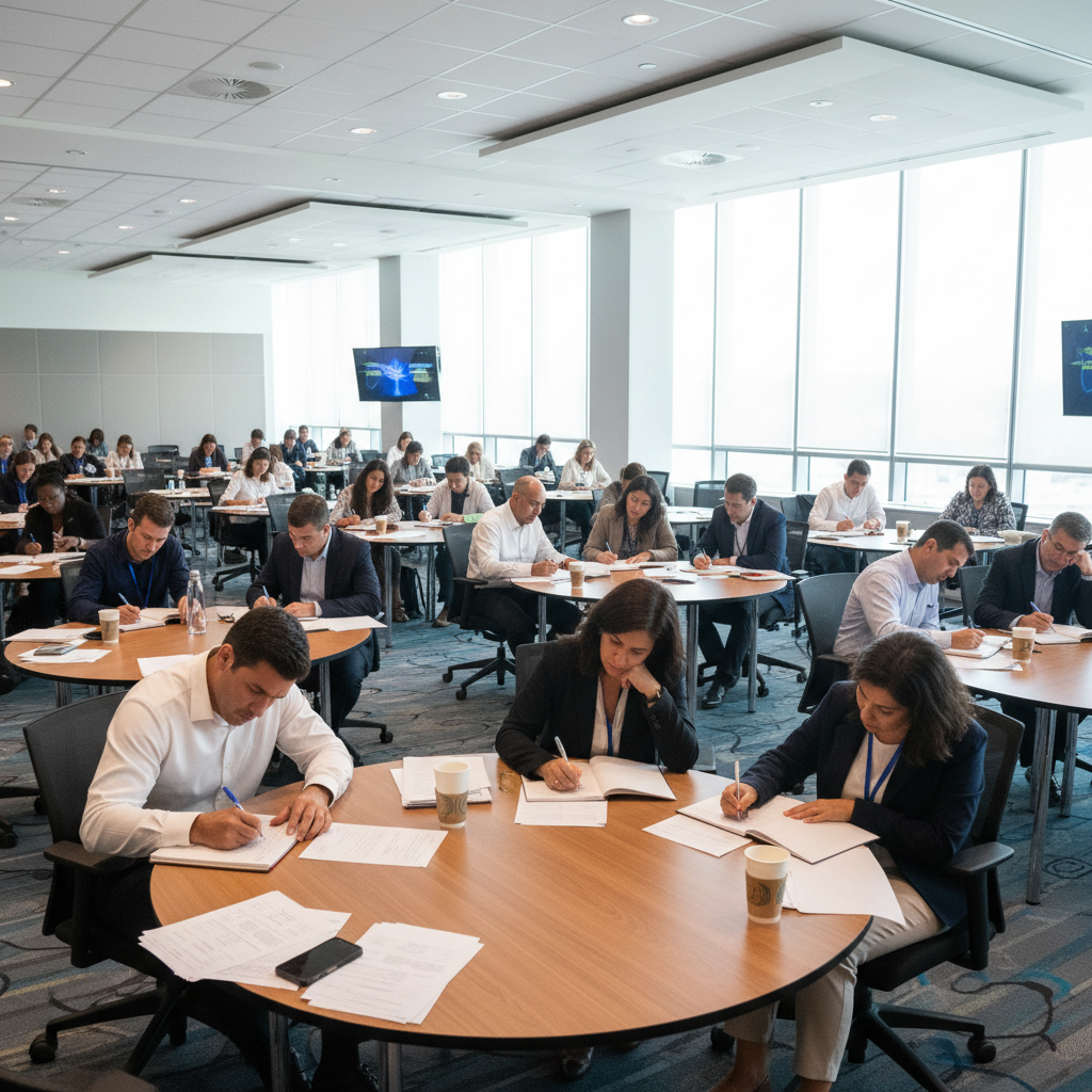 Workshop participants seated at round tables in a conference room, professional training event, engaged lawmakers taking notes
