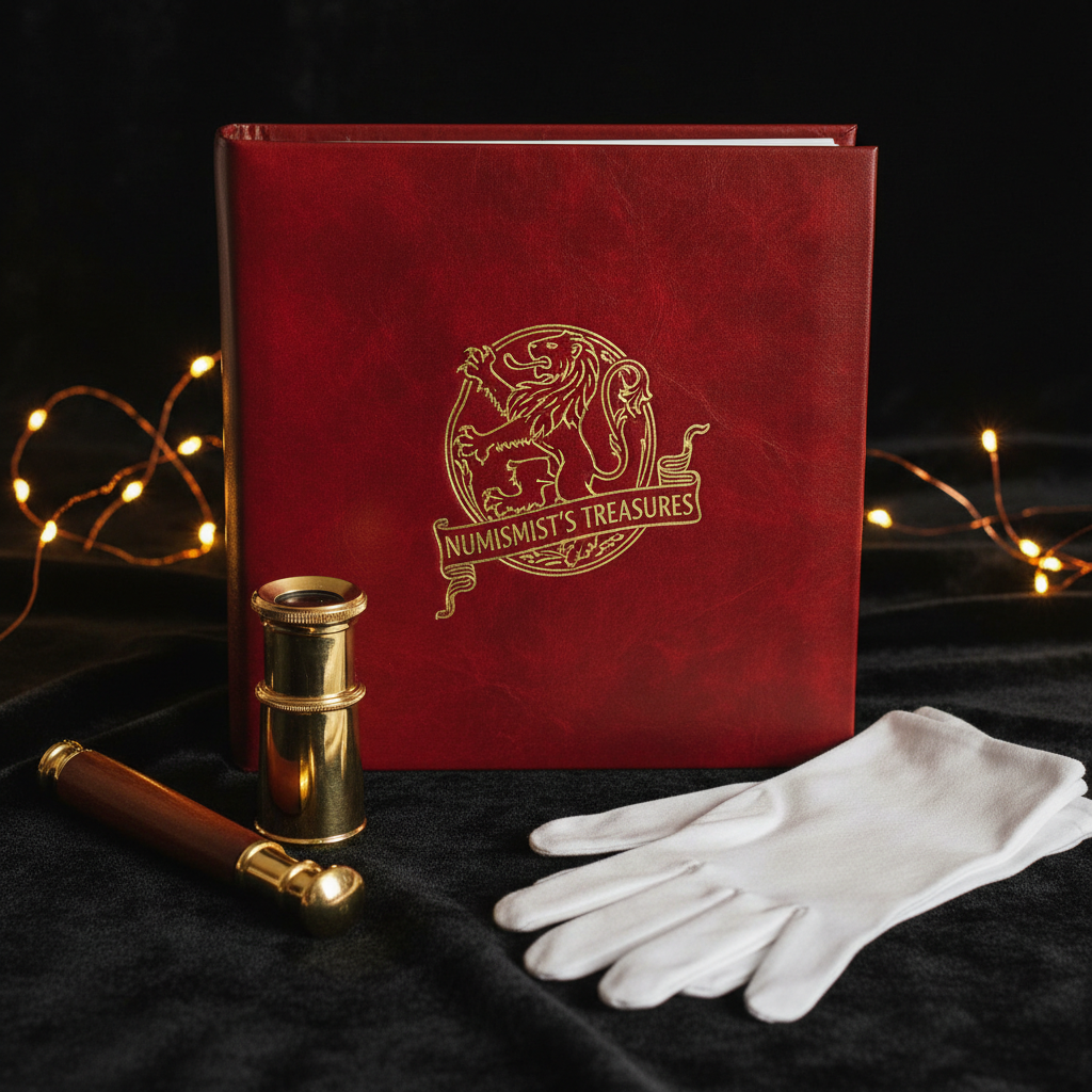 Collector coin set displayed in velvet presentation box under warm gallery lighting