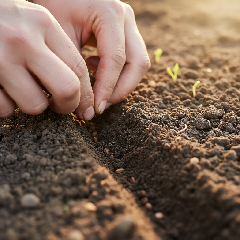 Hands placing seeds in prepared garden row furrows in spring soil