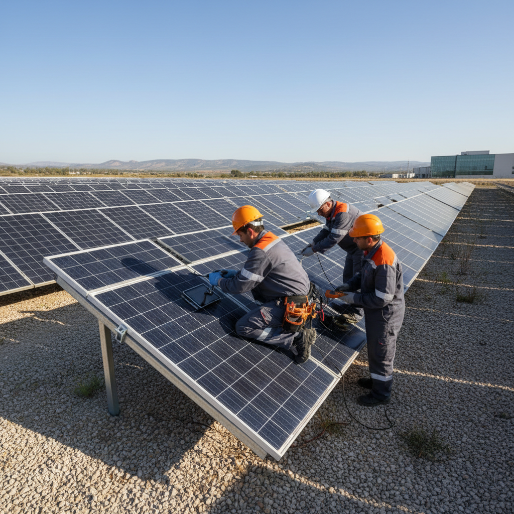 Solar installation team working on site, professional technicians, bright outdoor setting